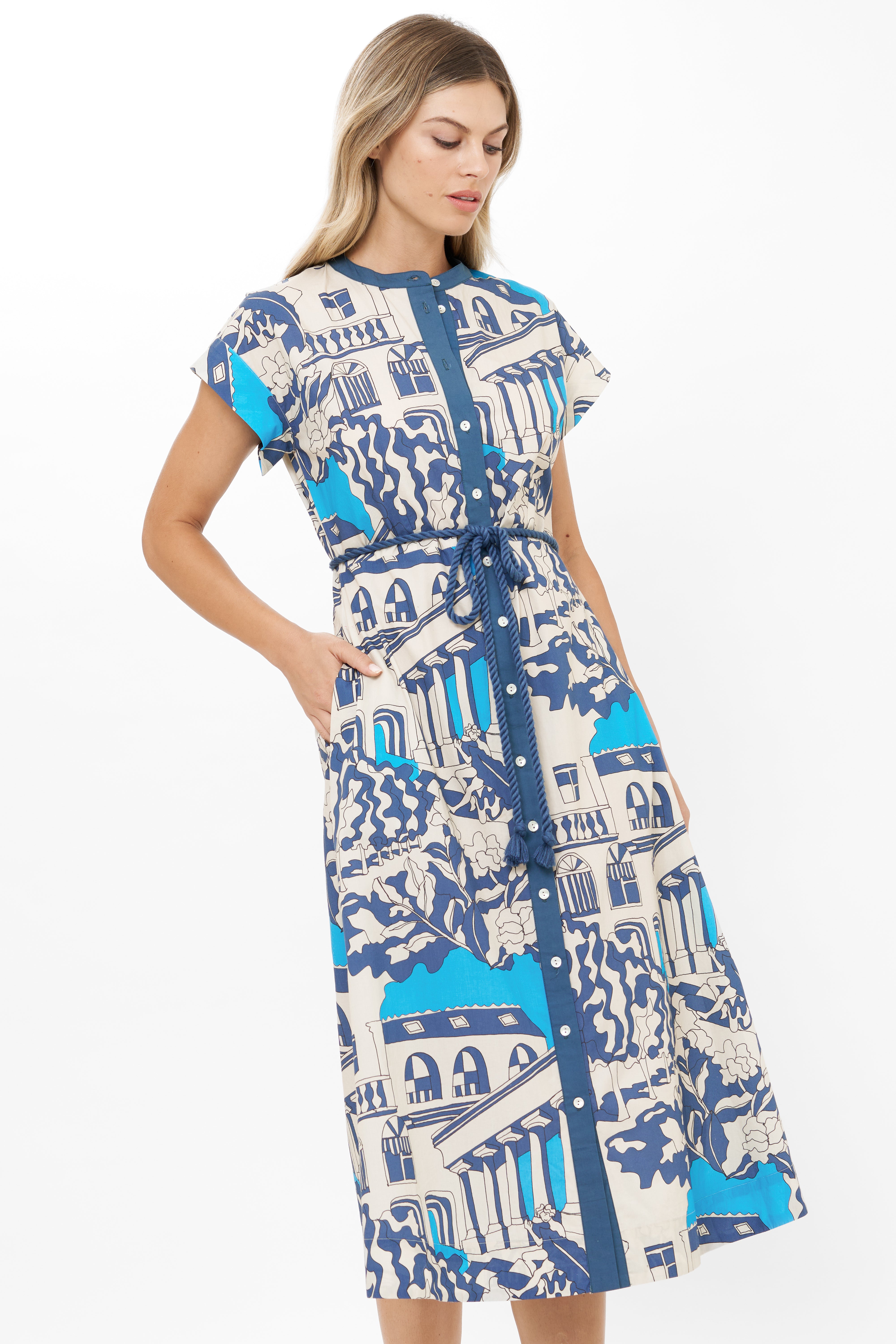 Cap Sleeve Shirt Dress Midi Roma Blue