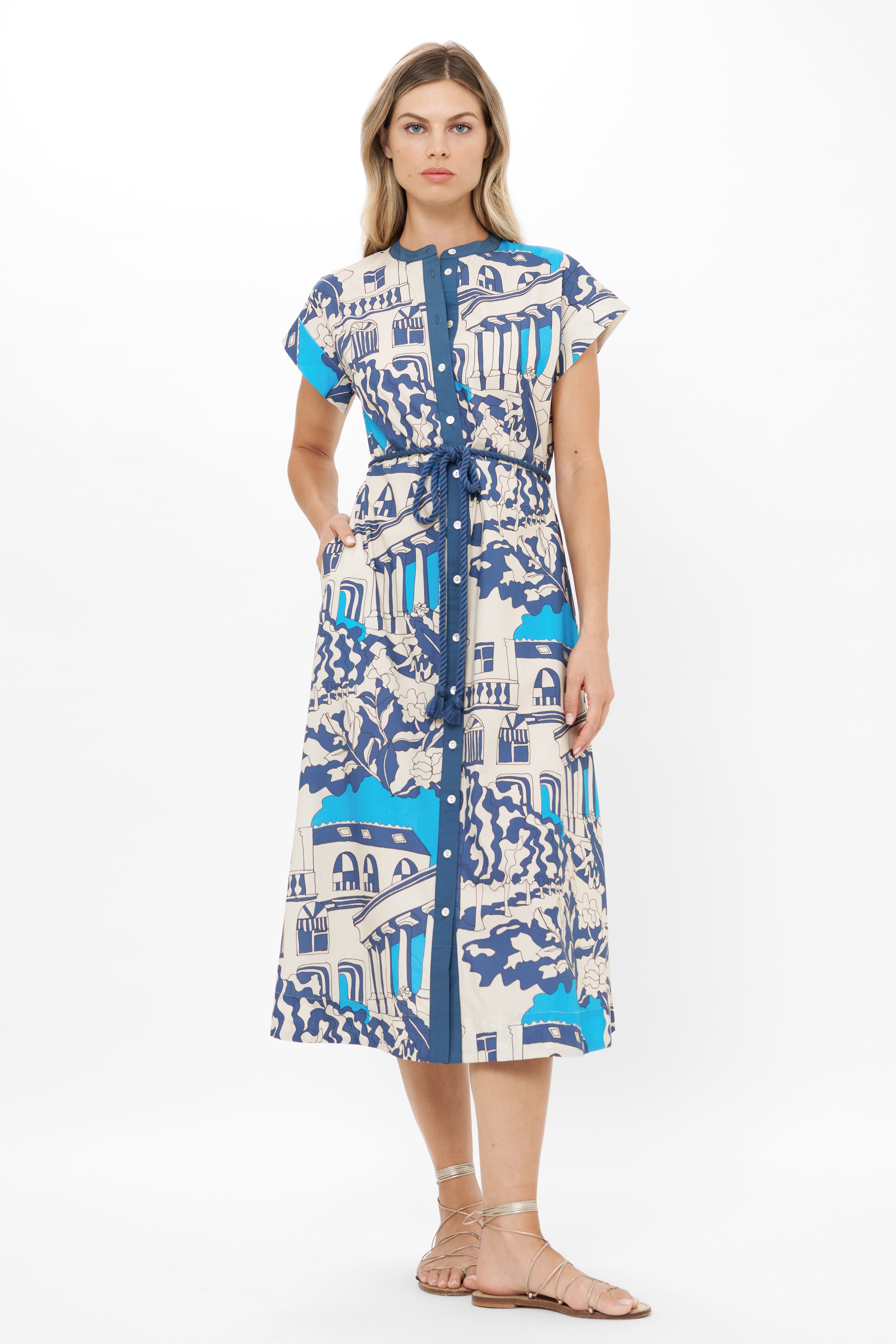 Cap Sleeve Shirt Dress Midi Roma Blue