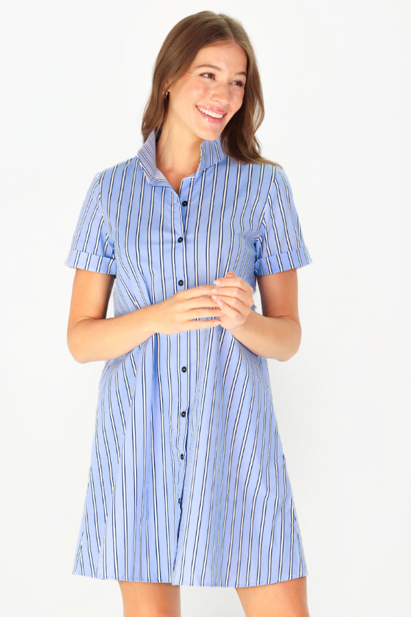 Quinnie Dress Light Blue and Navy Stripe